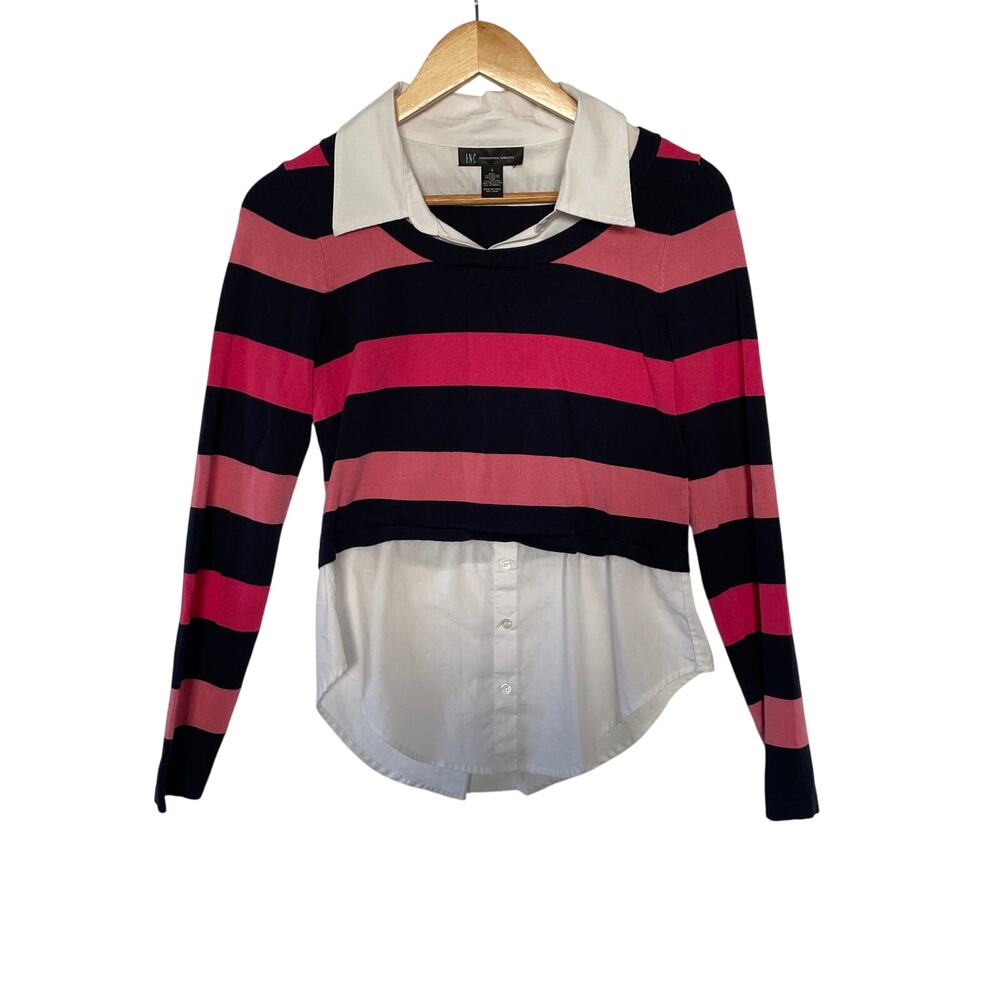 INC Womens Layered Striped Shirt Collared Preppy Casual Rugby Twee Work Small